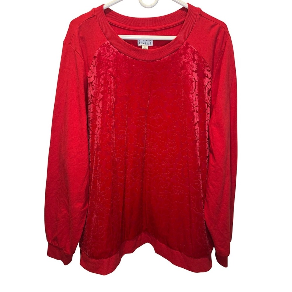 Joan Rivers Red Floral Velvet Front Sweatshirt Plus Size 3X Crewneck Top